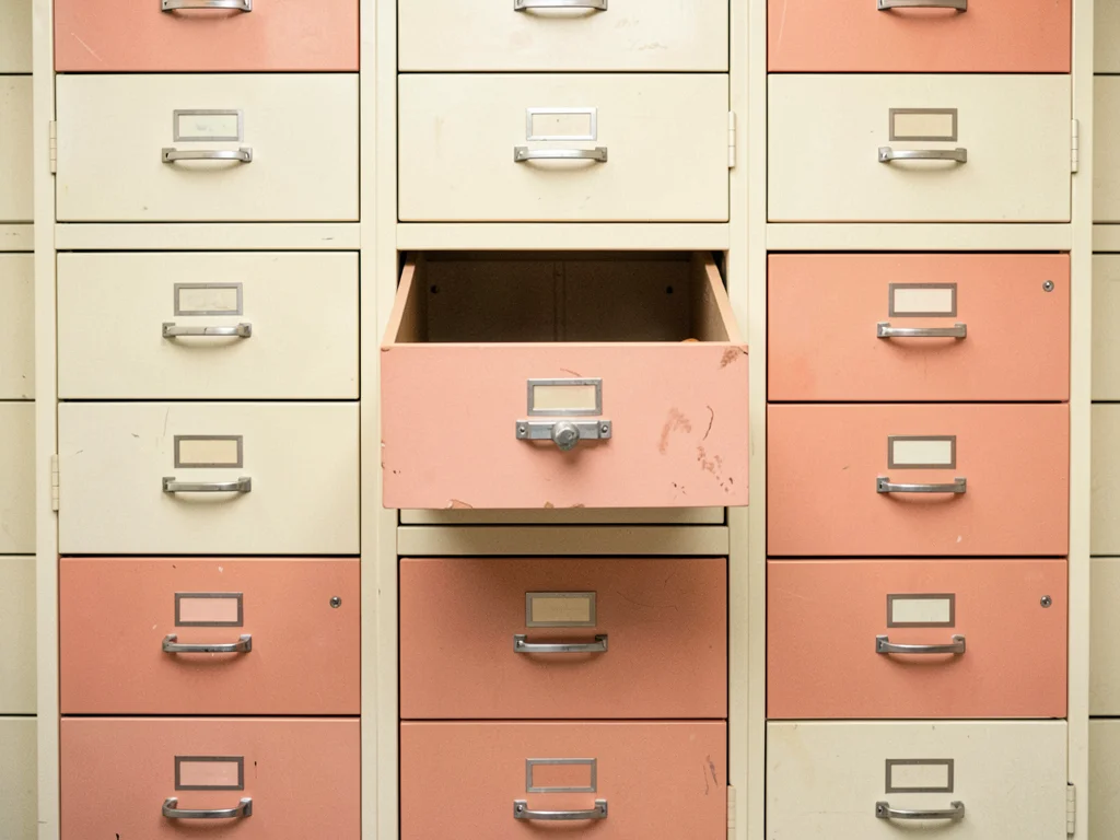 Medical filing cabinet wall, identical drawers in cream and coral, one drawer sl