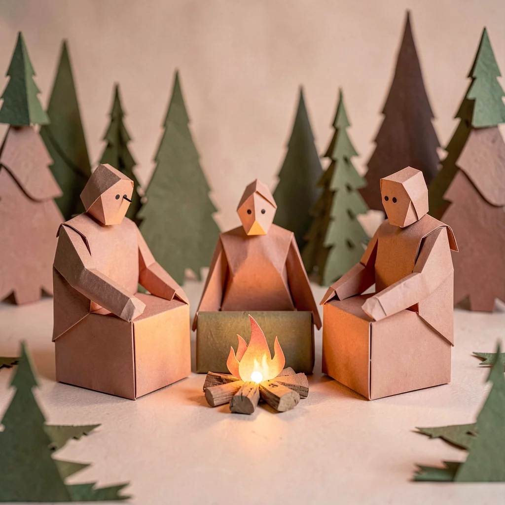 Papercraft composition of three folded-paper figures gathered around a small pap