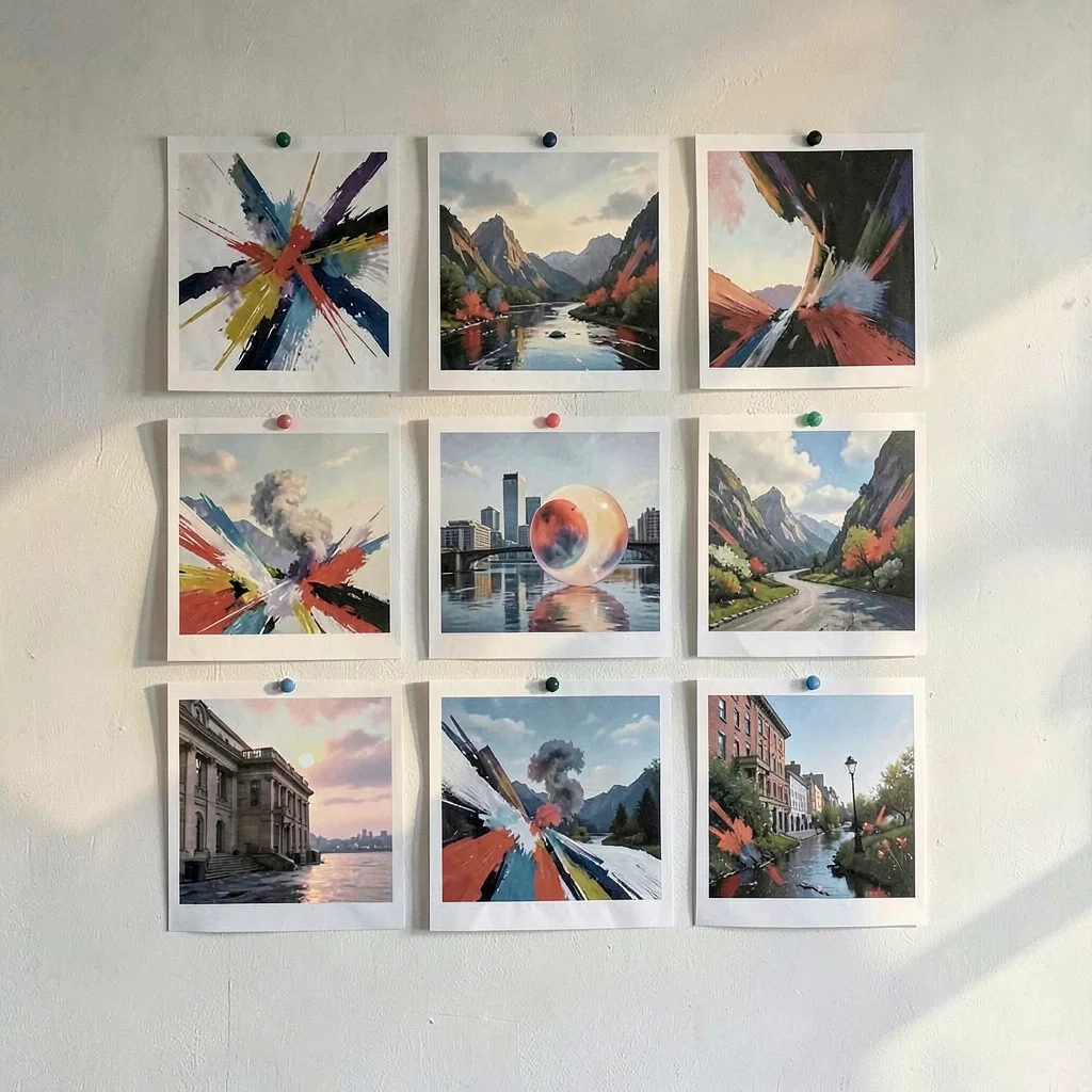 Scene-grid printout of nine AR overlay thumbnails pinned to a wall, painterly so