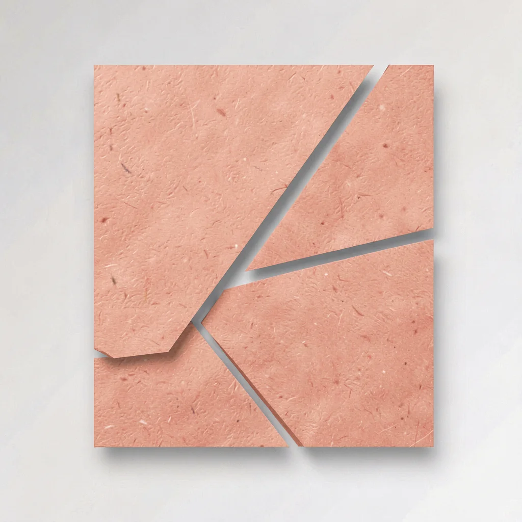 abstract paper-shred abstract — single coral document with three diagonal cuts, 
