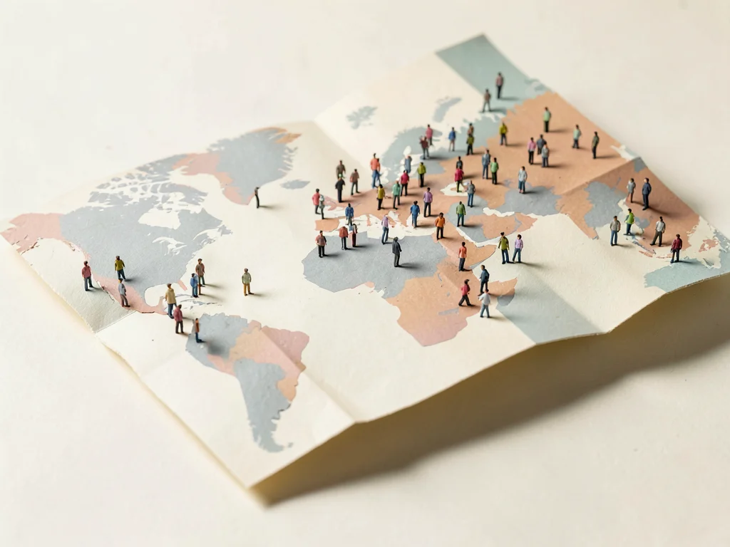 Dozens of tiny paper figures stand on a folded cardstock map arranged in unexpec
