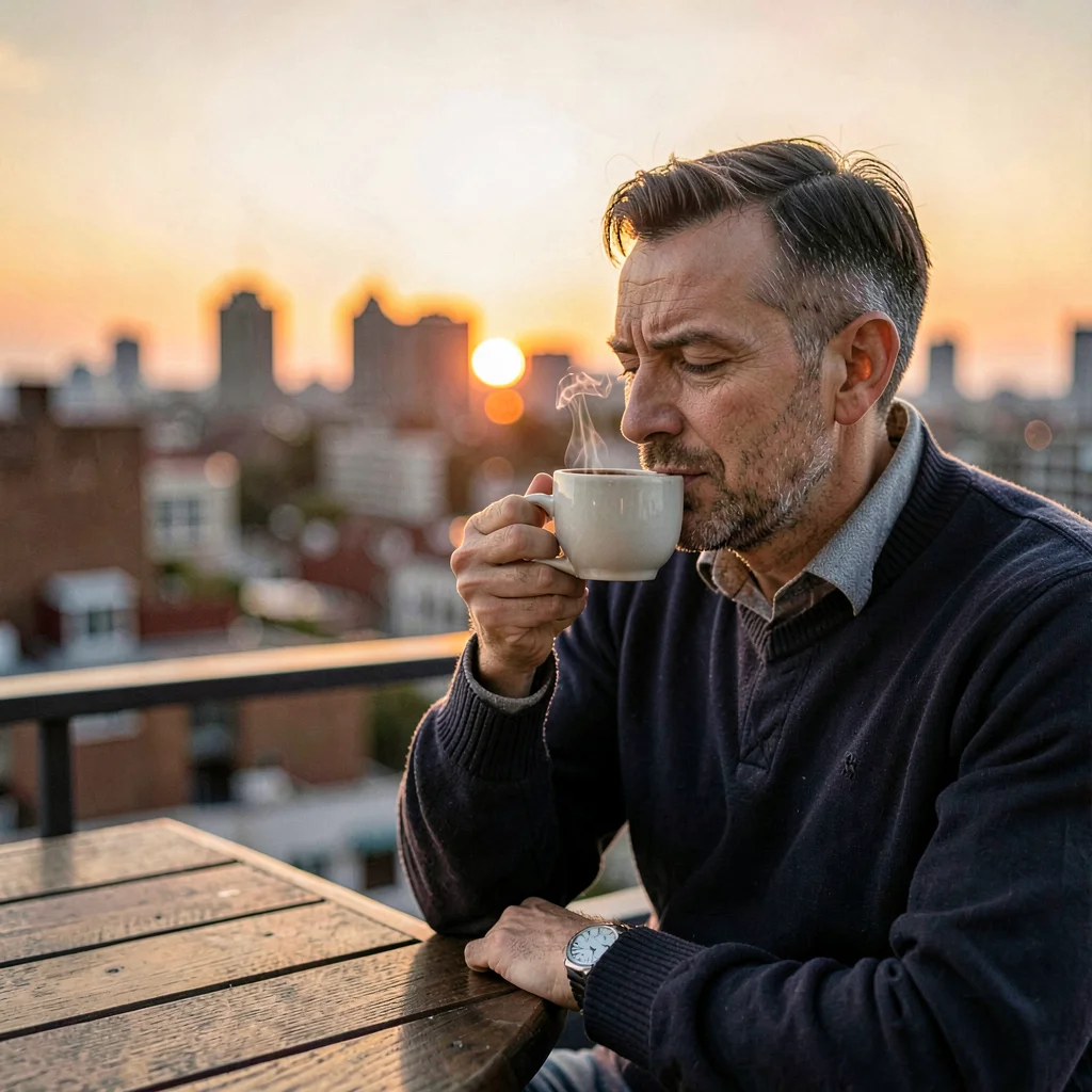 Father drinking coffee on a rooftop at dawn, city skyline soft-blurred, deep amb