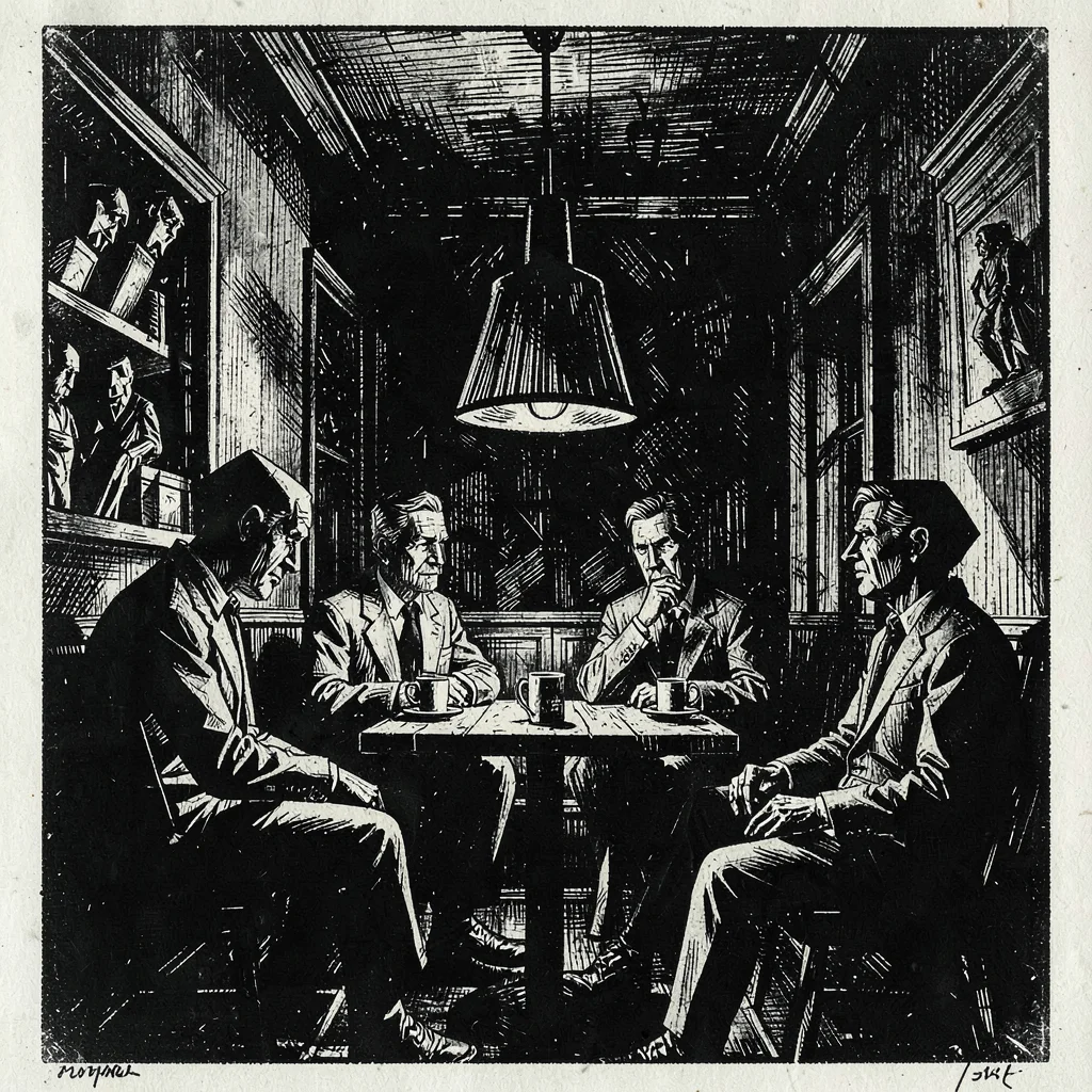 Interior of a dark café, single lamp, figures as angular fragments in shadow