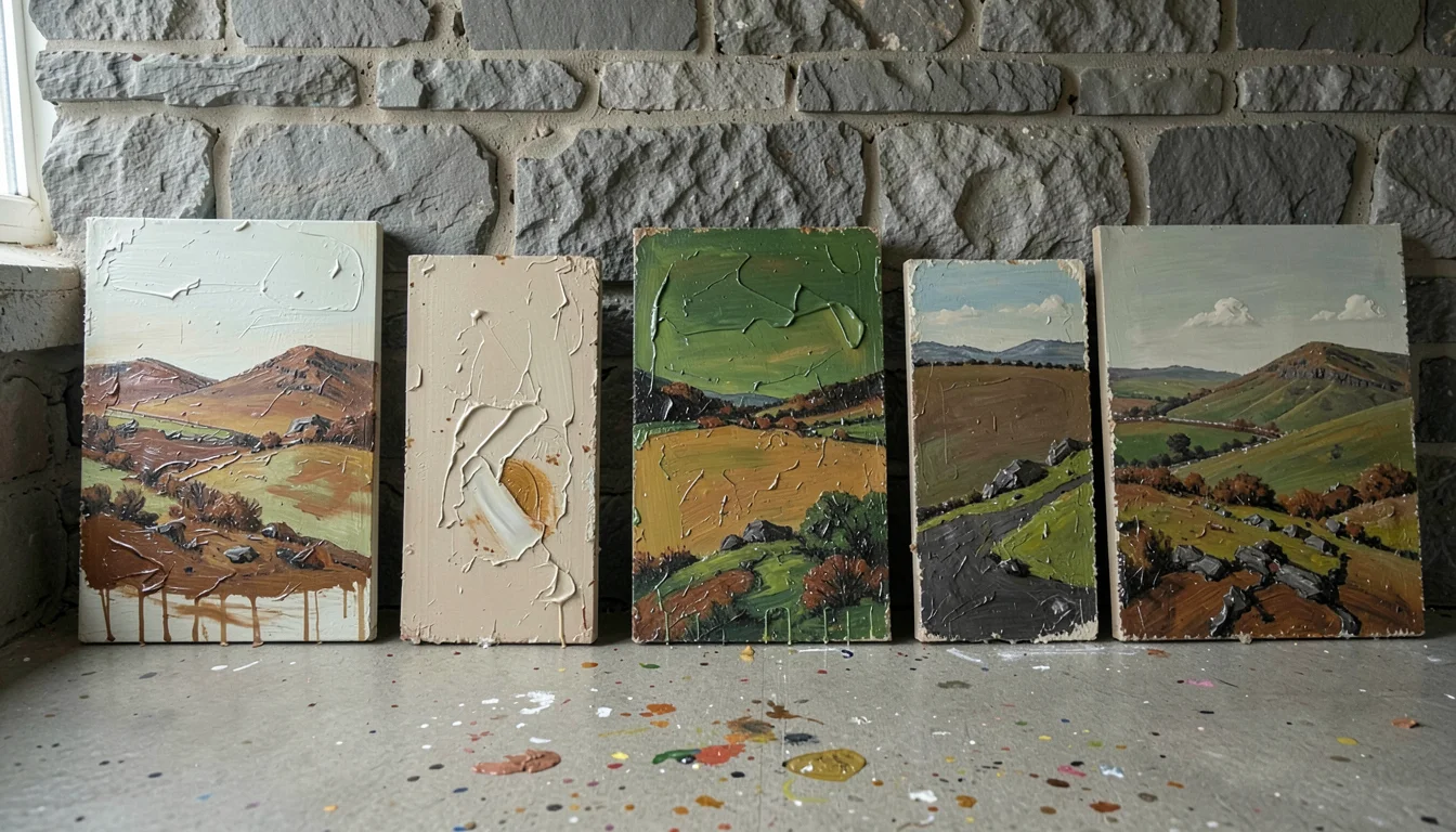 Thick impasto oil painting on board, palette knife marks visible, abstract lands