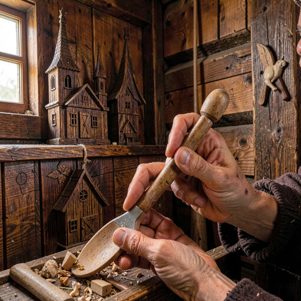 Maramures wooden craft, hand-carved church detail, Hands carving a wooden spoon 
