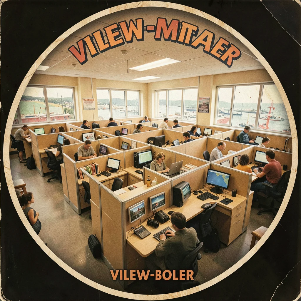 Open-plan office cubicle farm rendered as exciting View-Master travel content