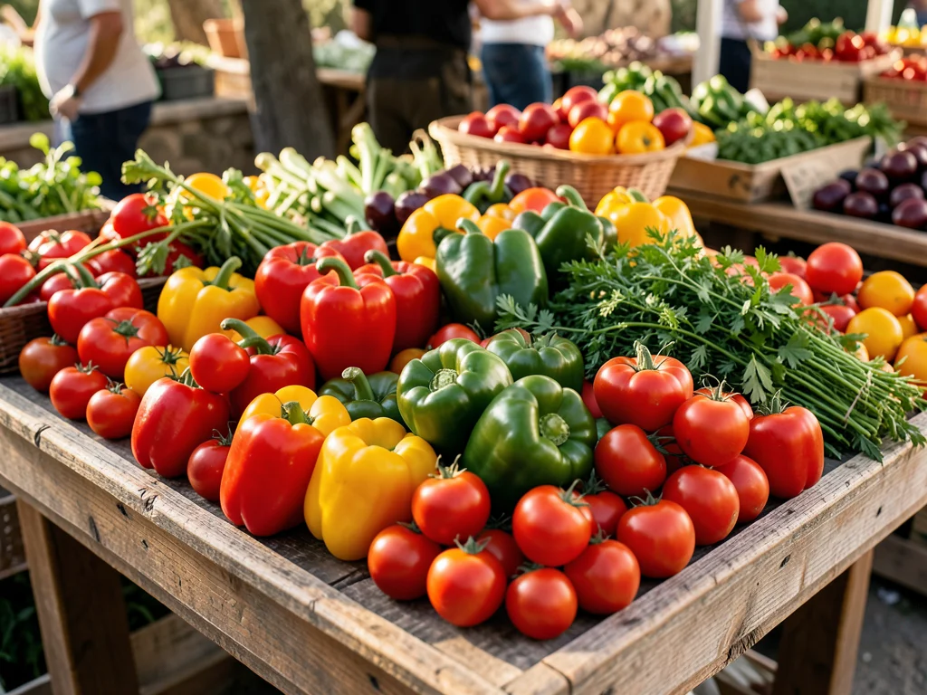 Farmers market stall overflowing with colorful bell peppers, tomatoes, and herbs