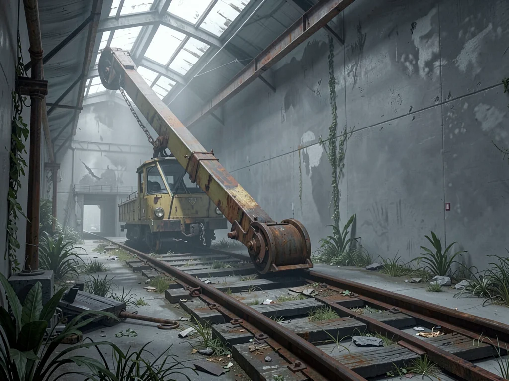 Inside a coke battery's pusher gallery with a long rusted ram poised over hopele