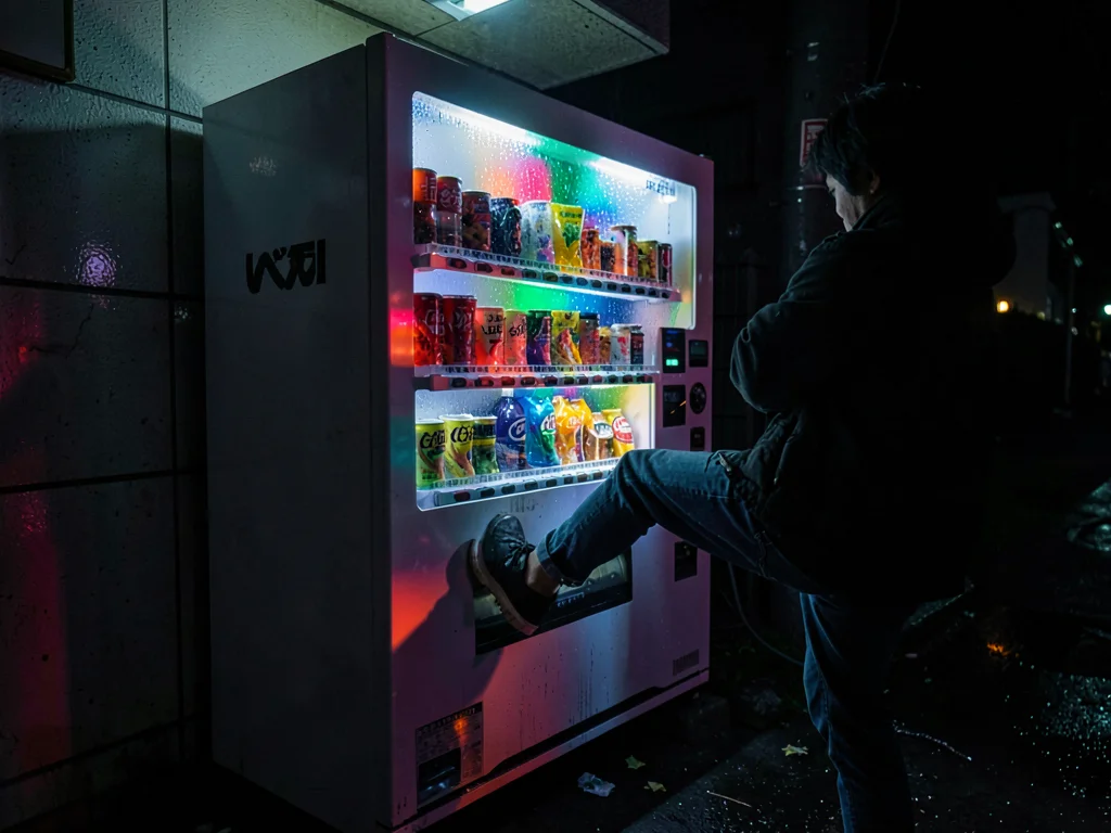Person kicking vending machine, the stolen purchase attempt, frustration lit by 