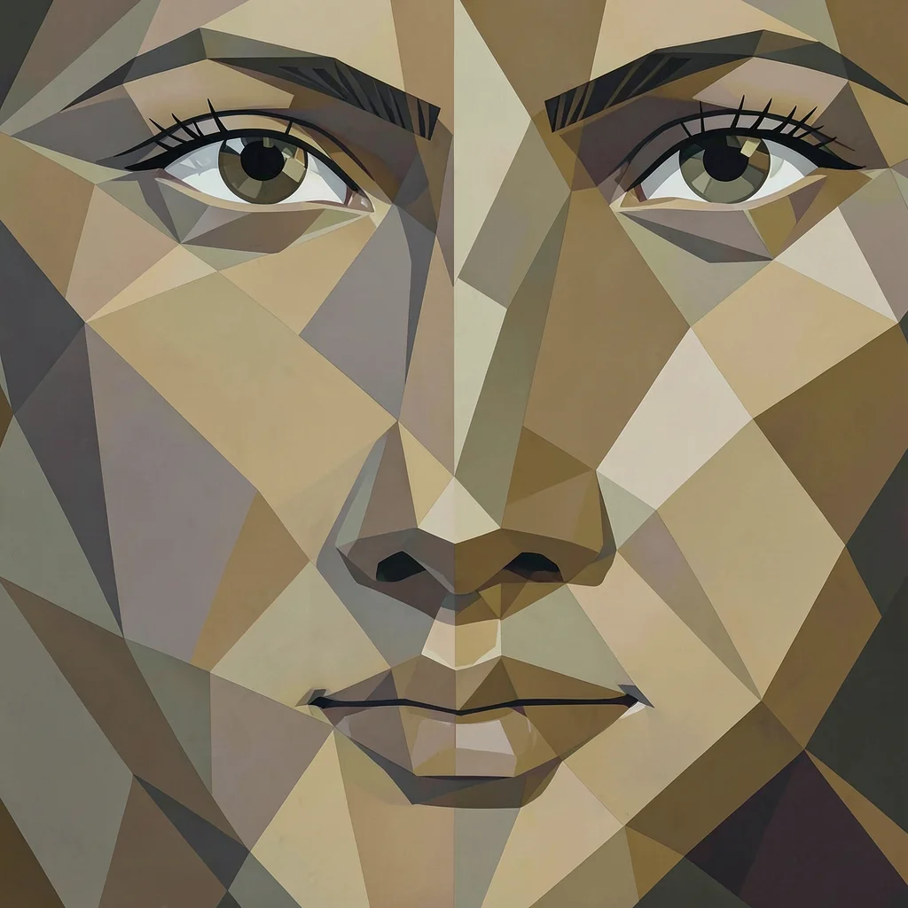 Close-up of an eye, nose and jaw arranged as simultaneous facets in muted ochre 