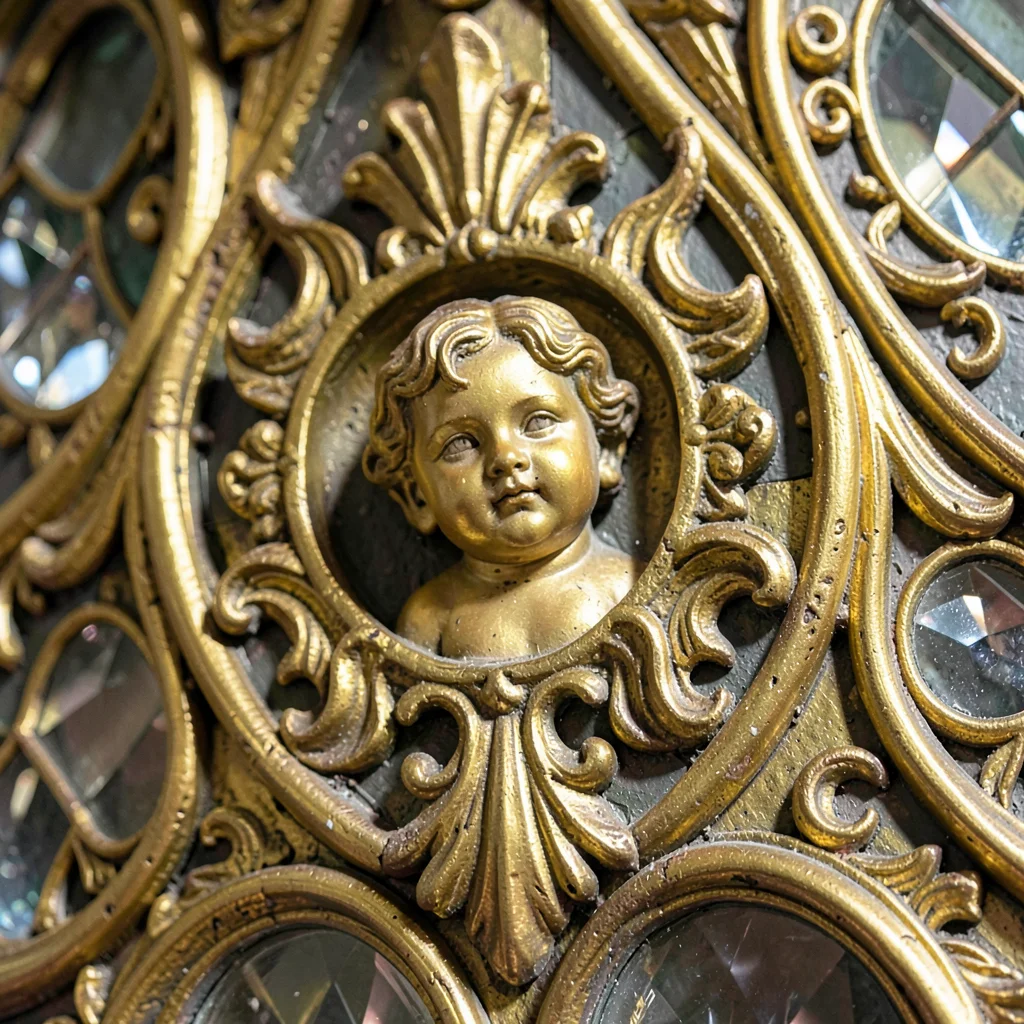 Baroque ornament fragment, Moravian gilt detail, Reliquary case detail, filigree