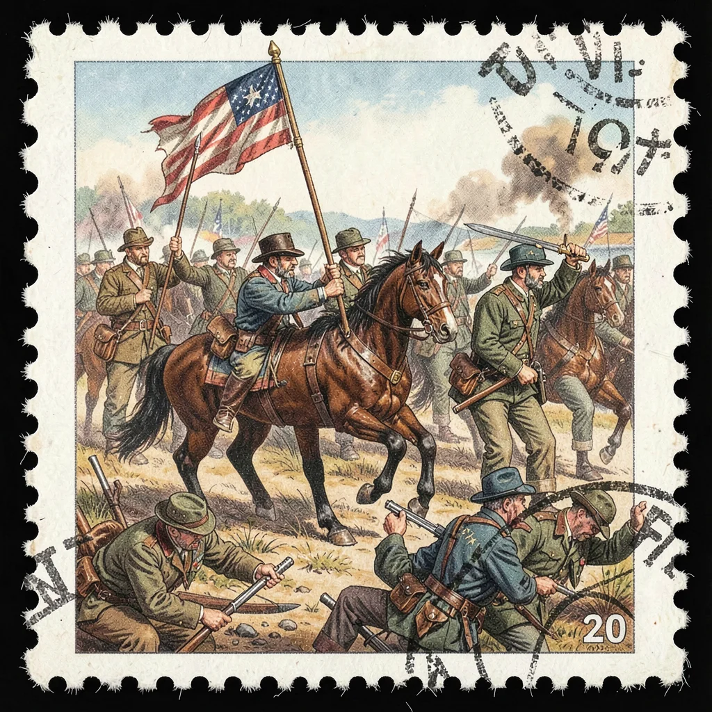 Postage stamp illustration, Revolutionary war scene , tiny perfect composition, 