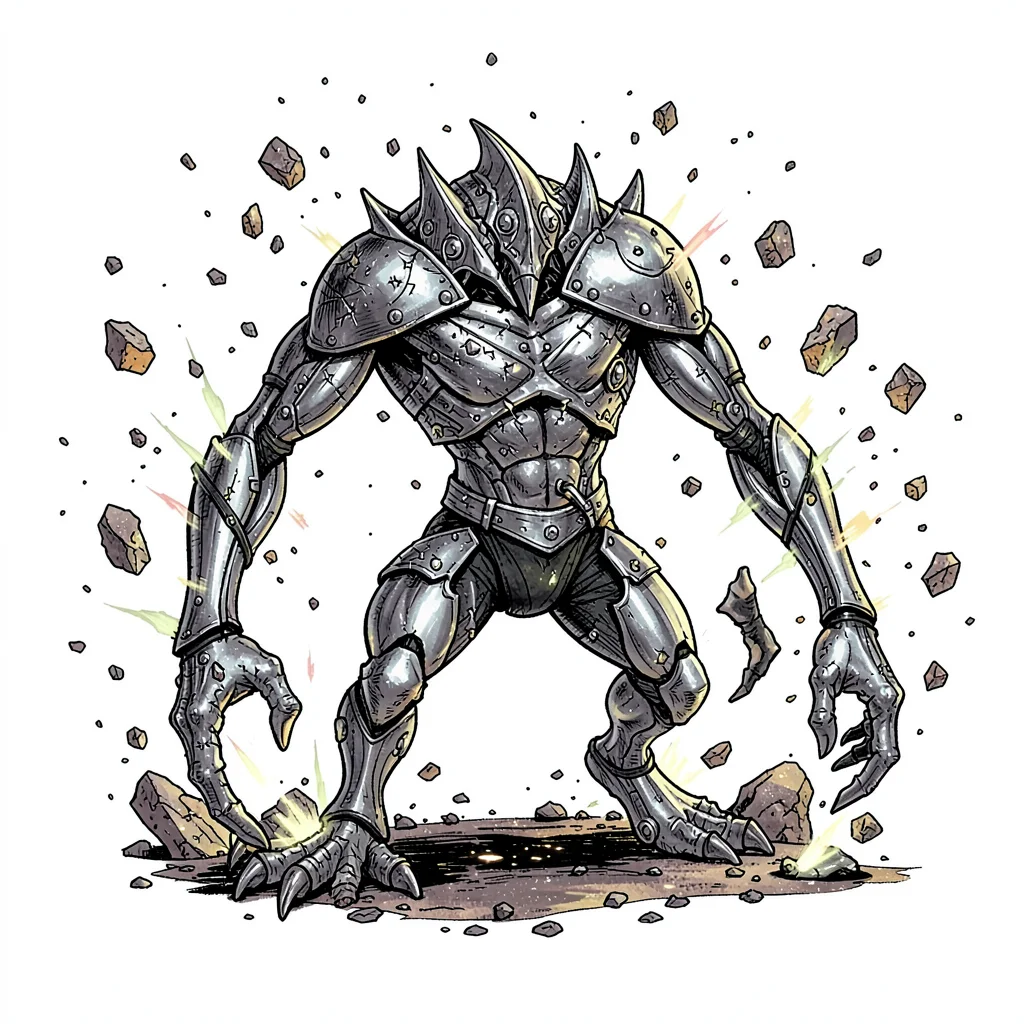 Fantasy creature illustration, a magnetic creature with metallic skin attracting