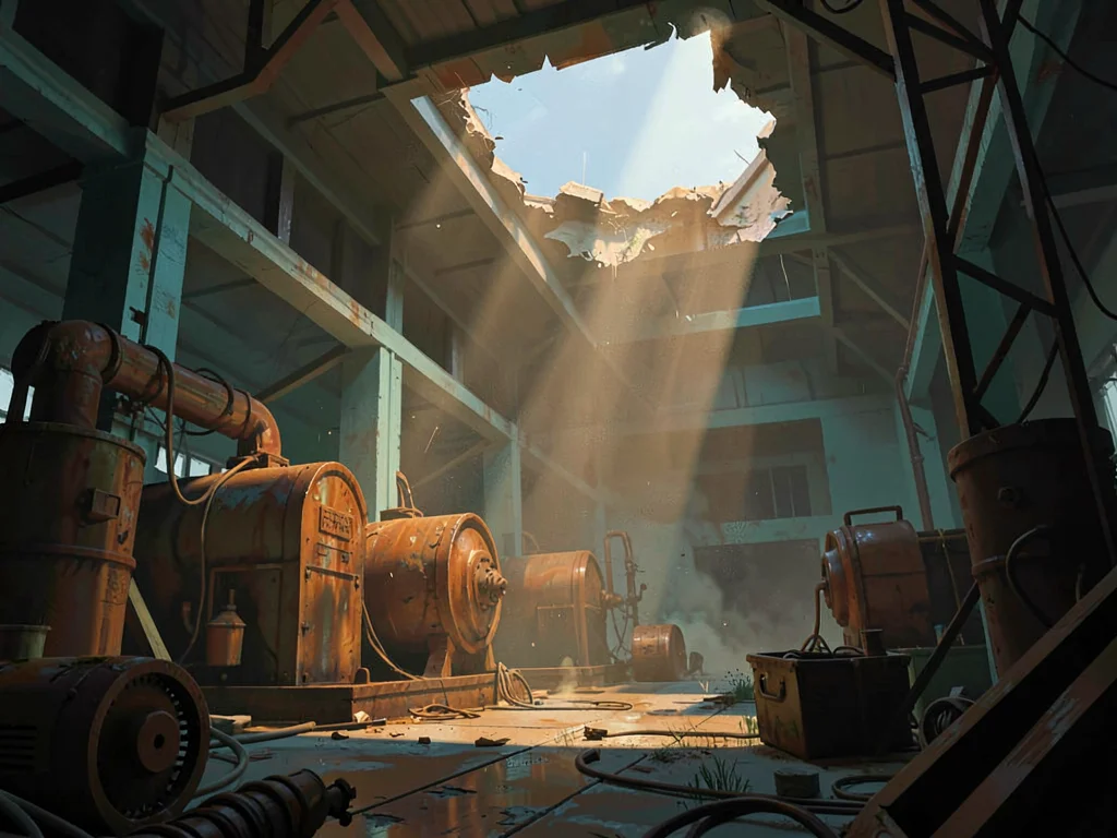 Hollow abandoned factory floor with a single broken-skylight shaft slicing throu