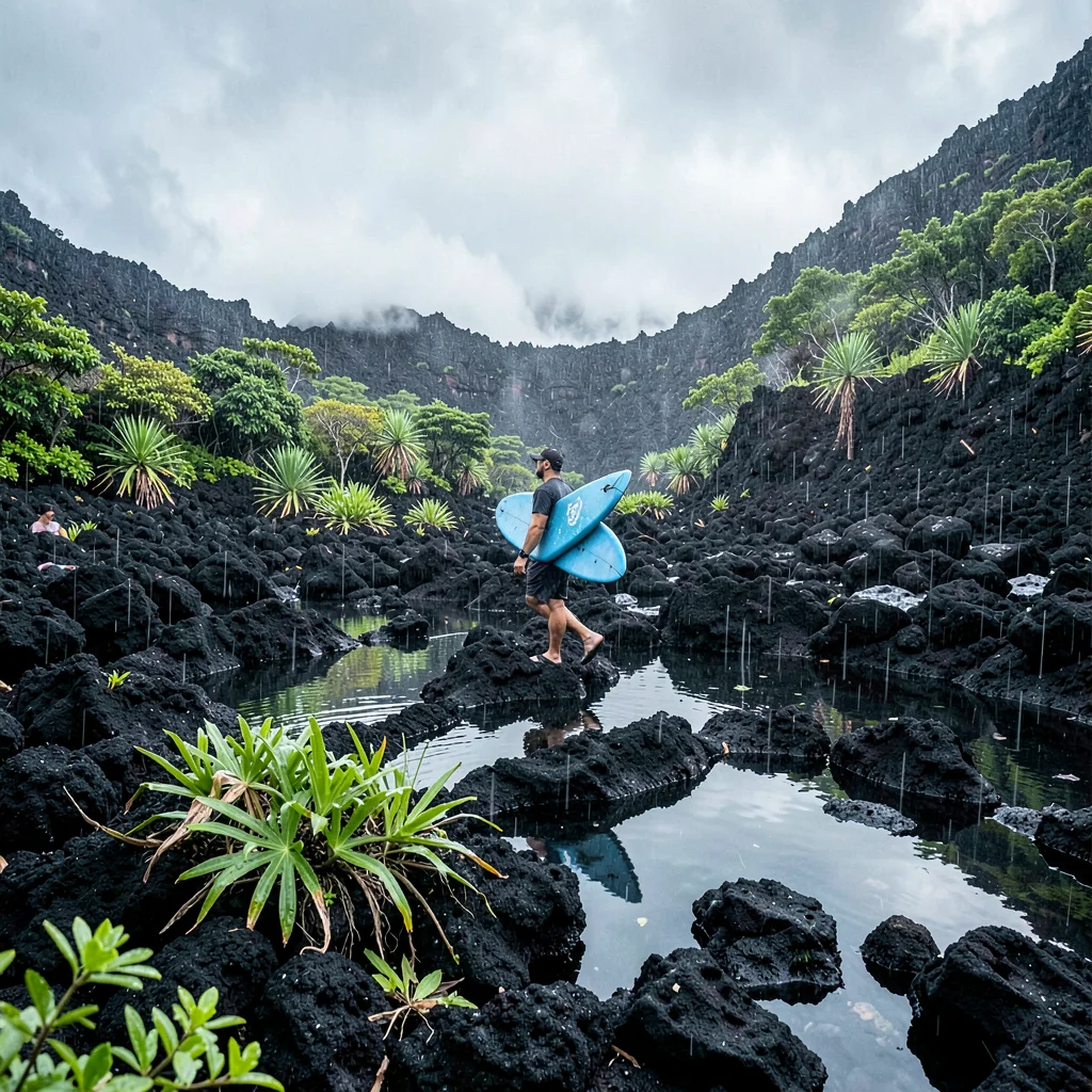 Stark black volcanic surfaces against verdant green, A surfer walking along a ro