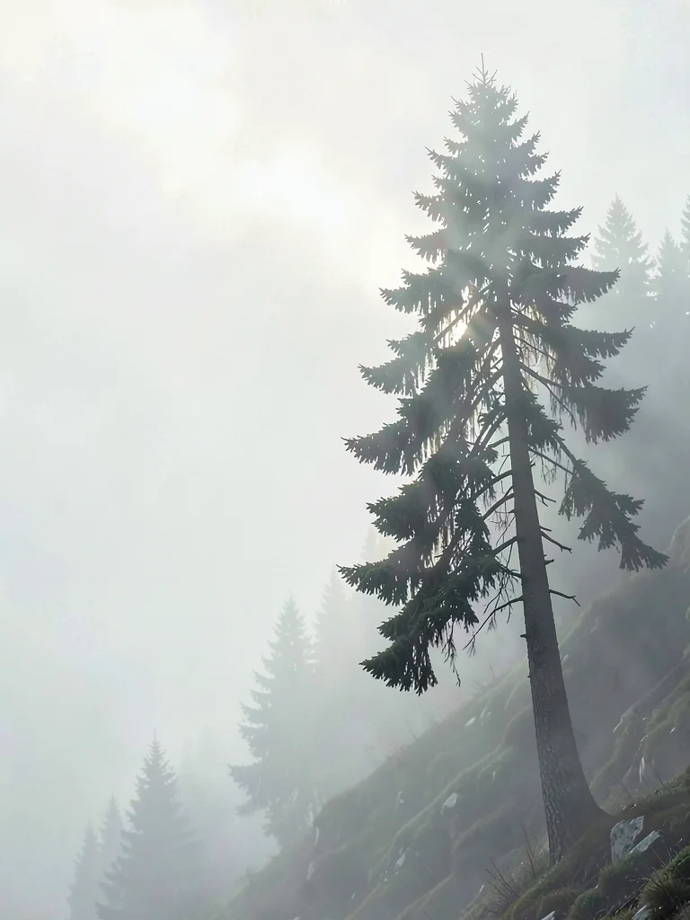 Lightning-split fir clinging to a slope, blackened core visible, the slope itsel