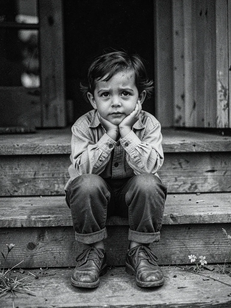 Child sitting on wooden porch steps, chin resting on knees, looking directly at 