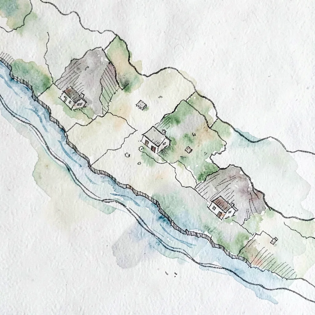 Painterly watercolor inside-front-matter map of the Slow Coast region with sketc