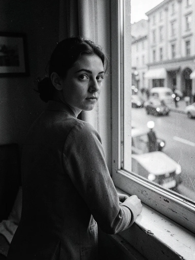 Young woman at a window in a rented room, looking out, back to camera, street no