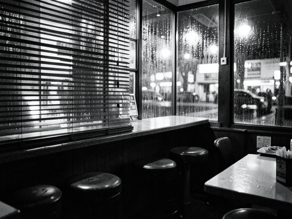 Diner counter at night through rain-streaked window, warm interior glow, empty s