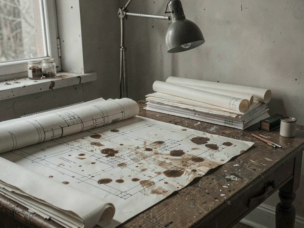 Architect's desk covered in coffee-stained blueprints, the sepia of abandoned am