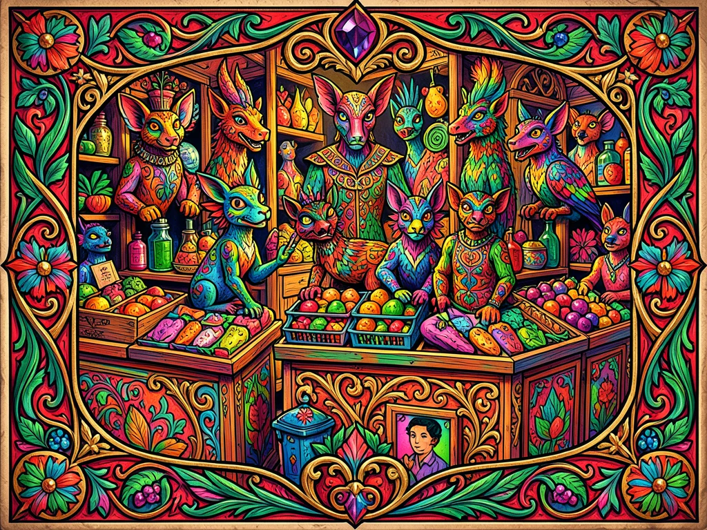 Mexican alebrijes (fantastical creatures) carved in wood, painted in vivid neon 