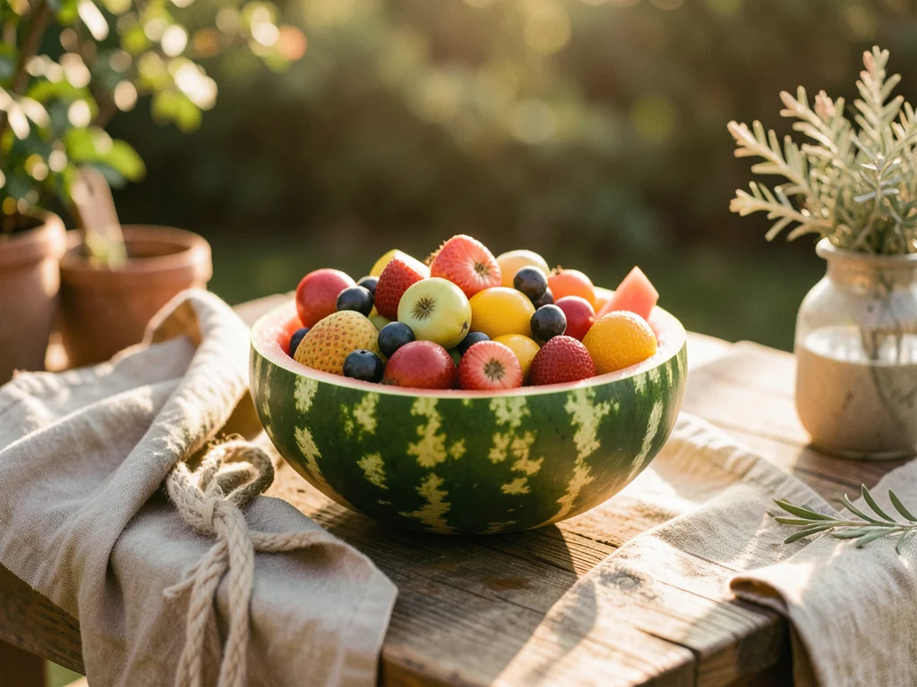 Carved watermelon bowl filled with mixed summer fruit, outdoor table