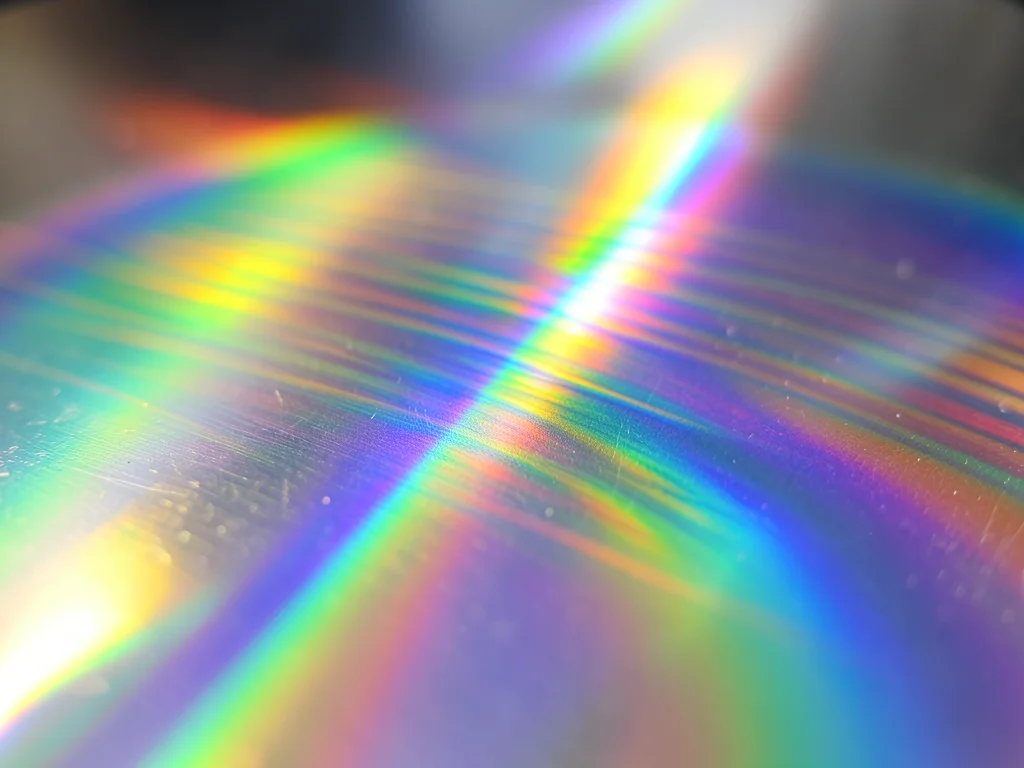 CD surface extreme macro, rainbow diffraction grating creating spectral bands ac