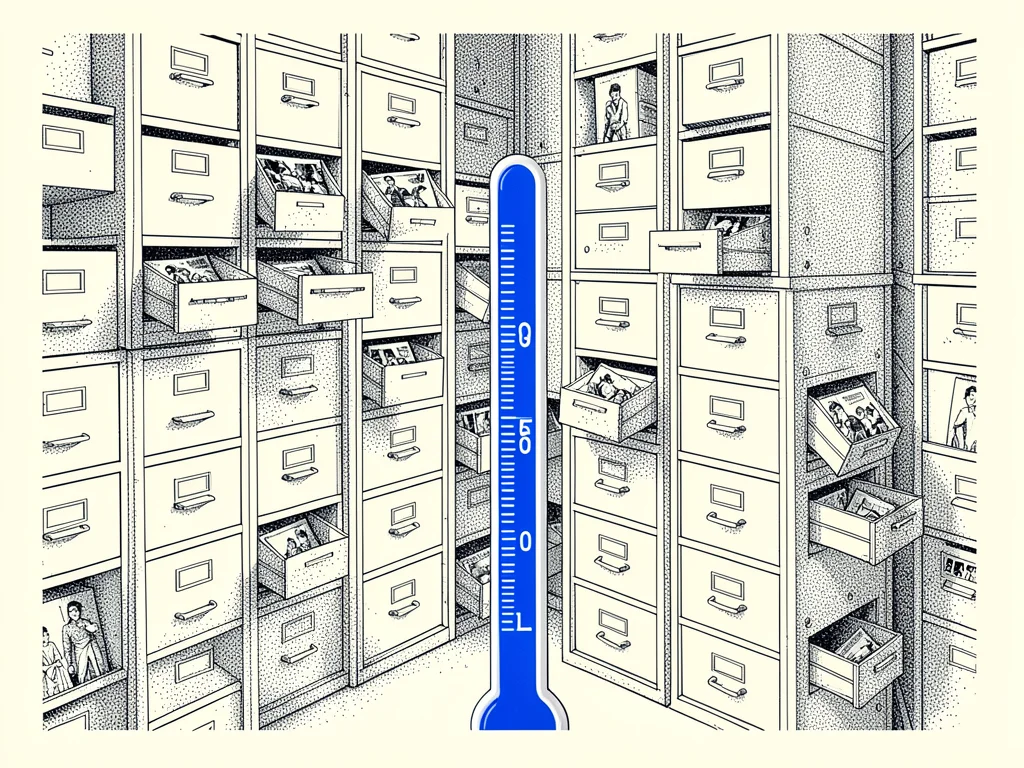 Pen-and-ink panorama of a city of stacked filing-cabinet buildings drawn in fine