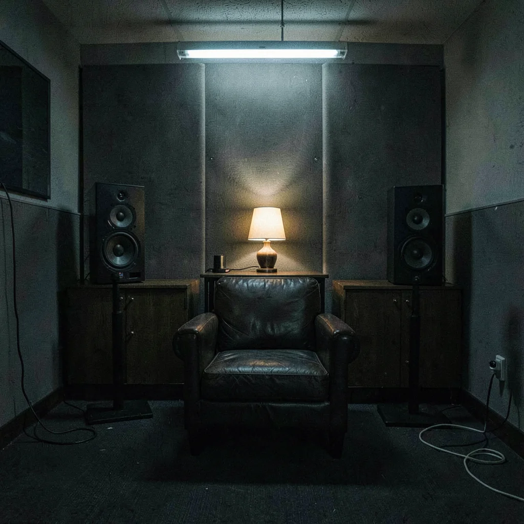 After-hours scene of a listening room with two tower speakers flanking a leather