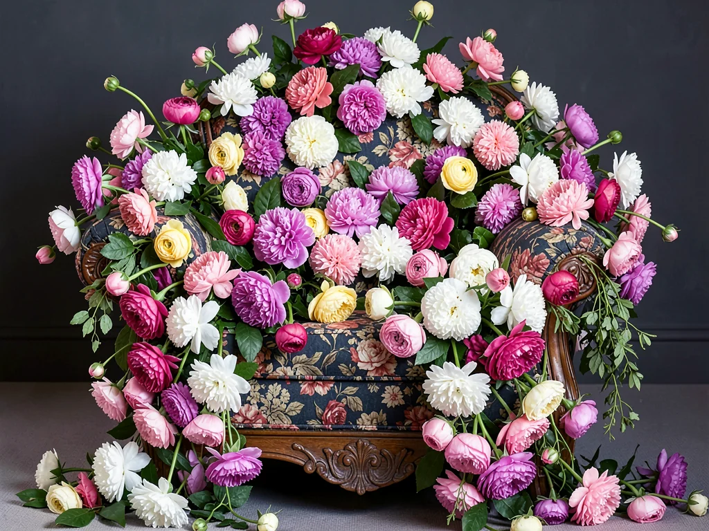 An armchair completely overwhelmed by cascading peonies and greenery