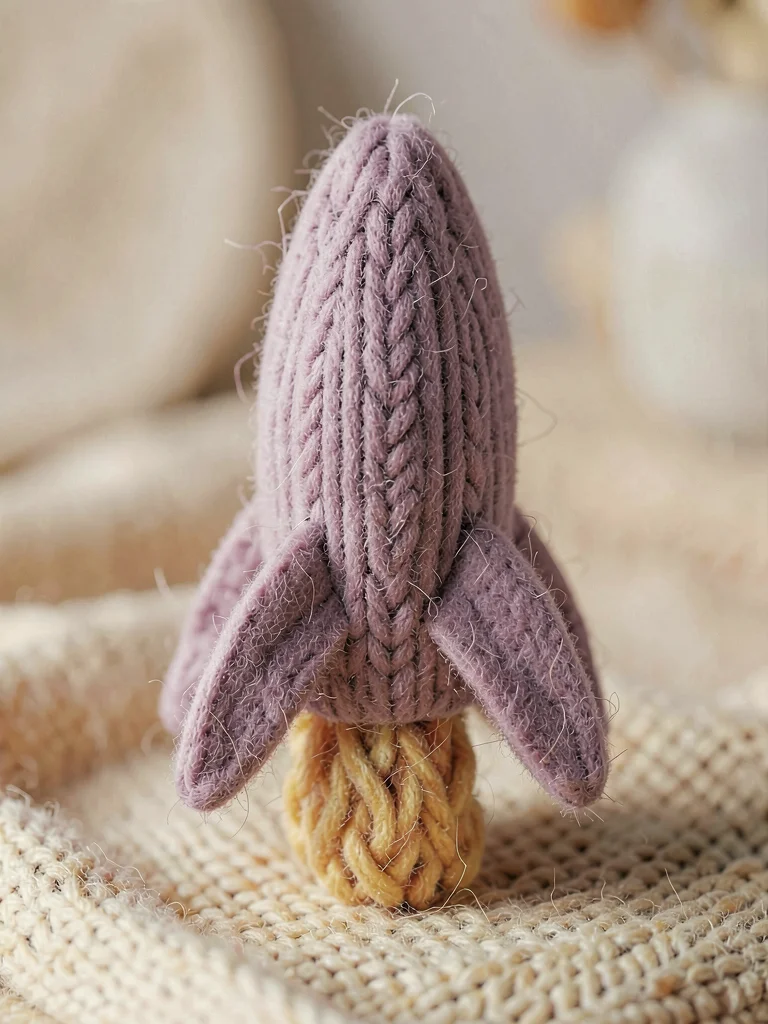 Pointed soft-plum knit rocket with cable-knit body, felted fins, and a yarn flam