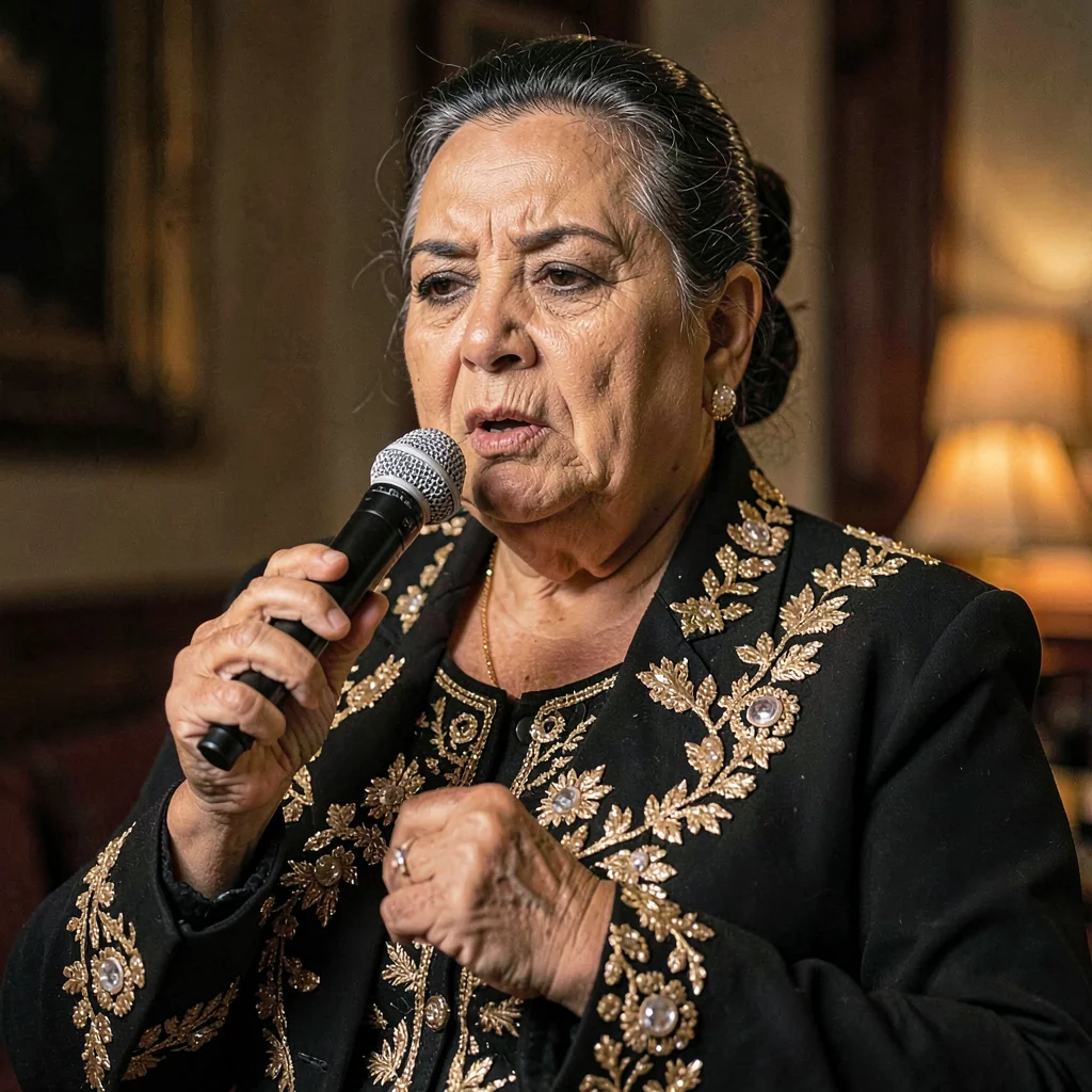 A determined Mexican mariachi singer in her forties holding a steady note, lamp 
