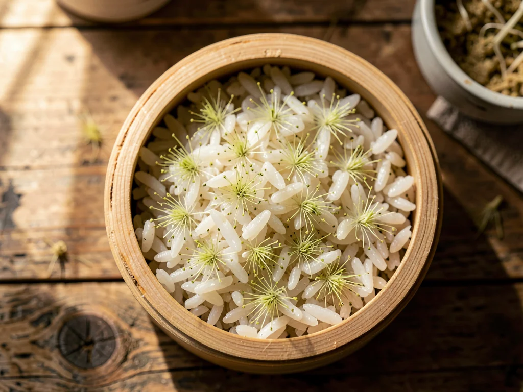 Koji Rice Mold — Early Spore Bloom in Cedar Tray