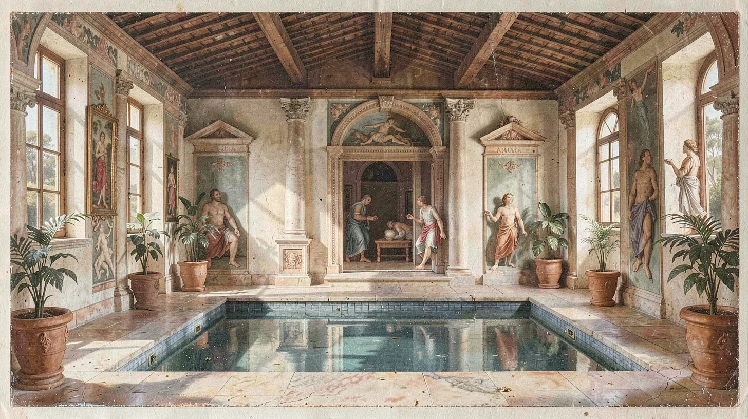 Fresco-style illustration, Roman villa interior with pool , painted into wet pla