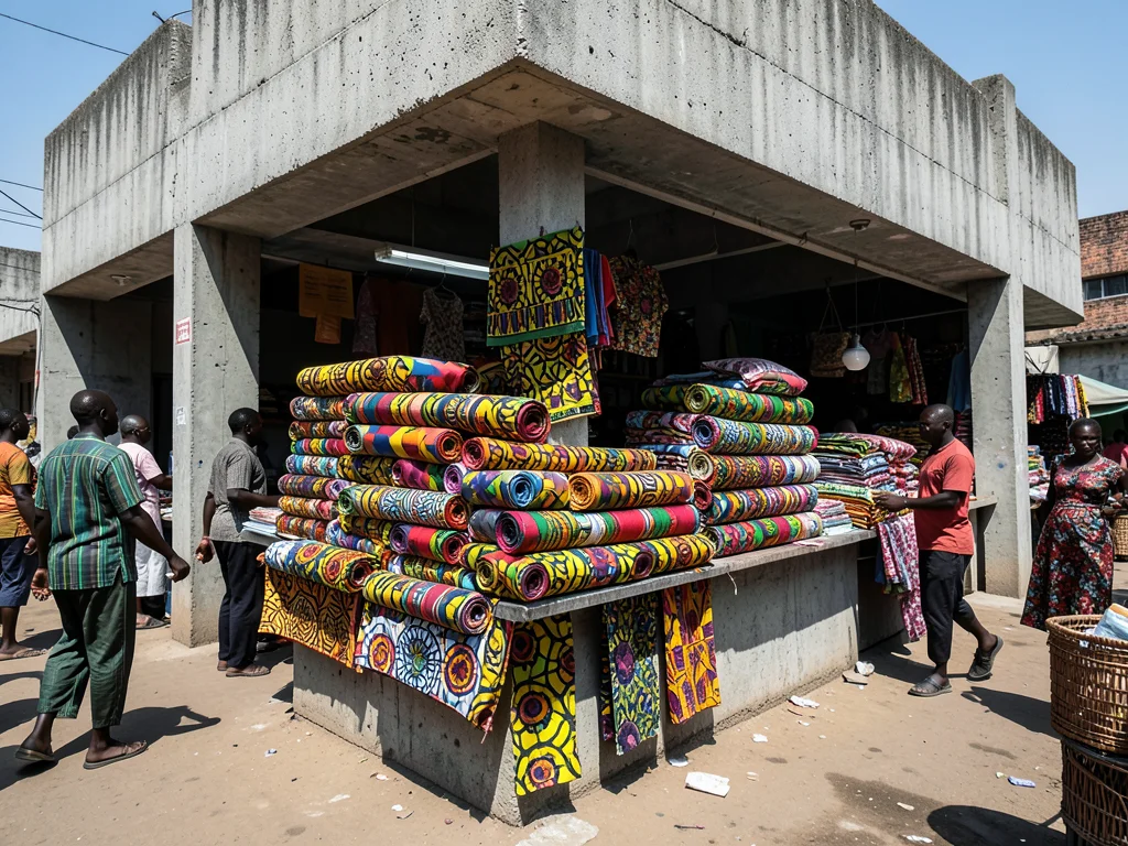 Wax print fabric market stall, rolls of vivid patterns stacked, busy market scen