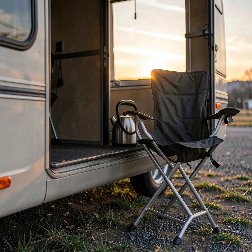 Tight crop of an open camper door with a folding chair and a kettle on the step 