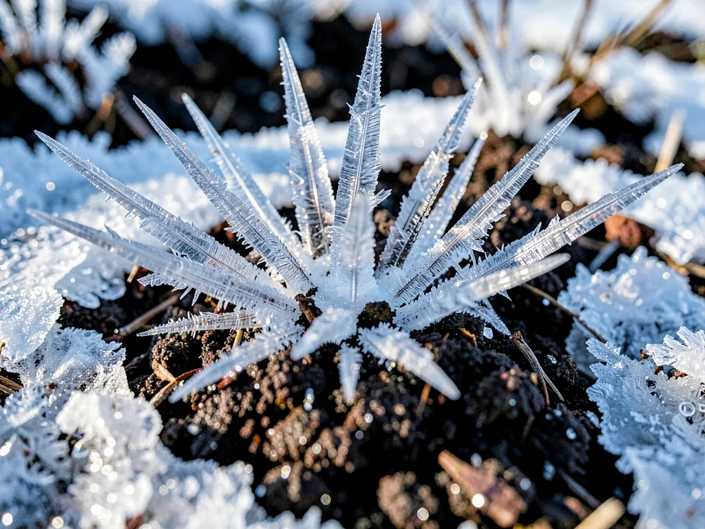 Needle ice crystals emerging from frozen soil surface