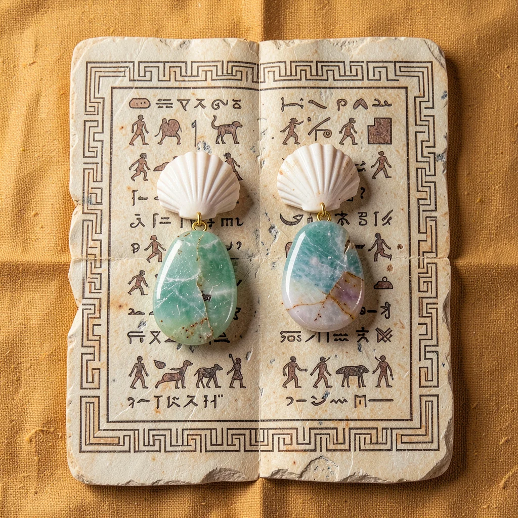 Shell and jade earring pair on stone surface, top-down, ochre cloth background