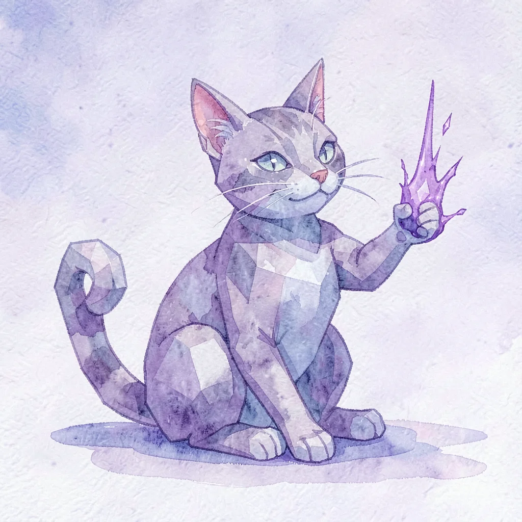 Amethyst lowpoly cat seated with curled tail and sharp polygon edges throwing a 