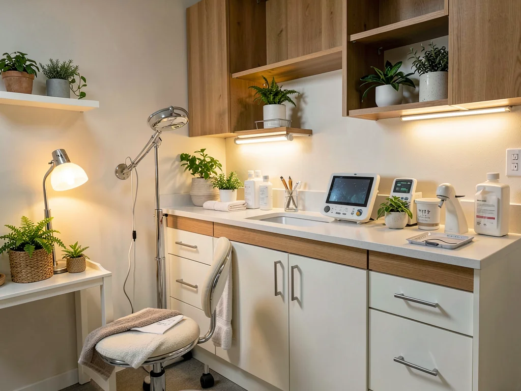 Nurse station decorated with plants and warm lamp, sterile counter with cozy tou