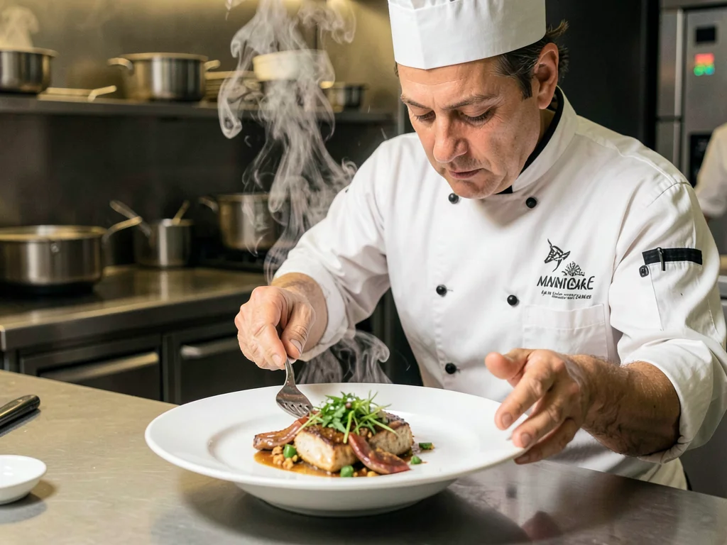 Chef plating dish with steam rising