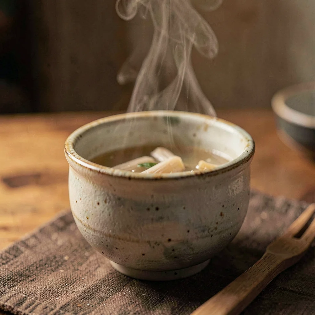 warm still-life of a small ceramic cup of bone broth with steam