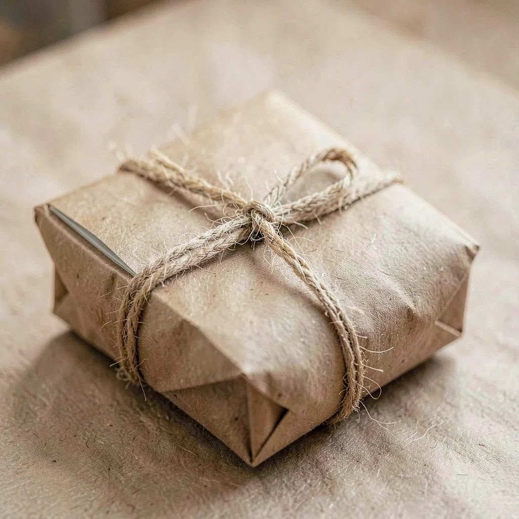 Folded brown craft paper formed into a parcel of cards tied with hemp twine, sof