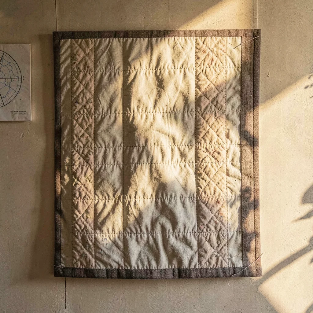 Tall vertical of a single quilt block pinned to a design wall, warm side-light c