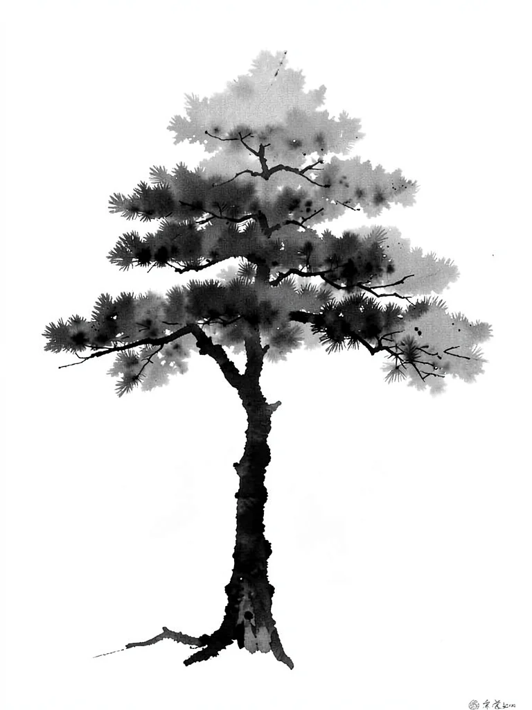 Pine tree in fog, only the lower trunk dark, the canopy dissolving