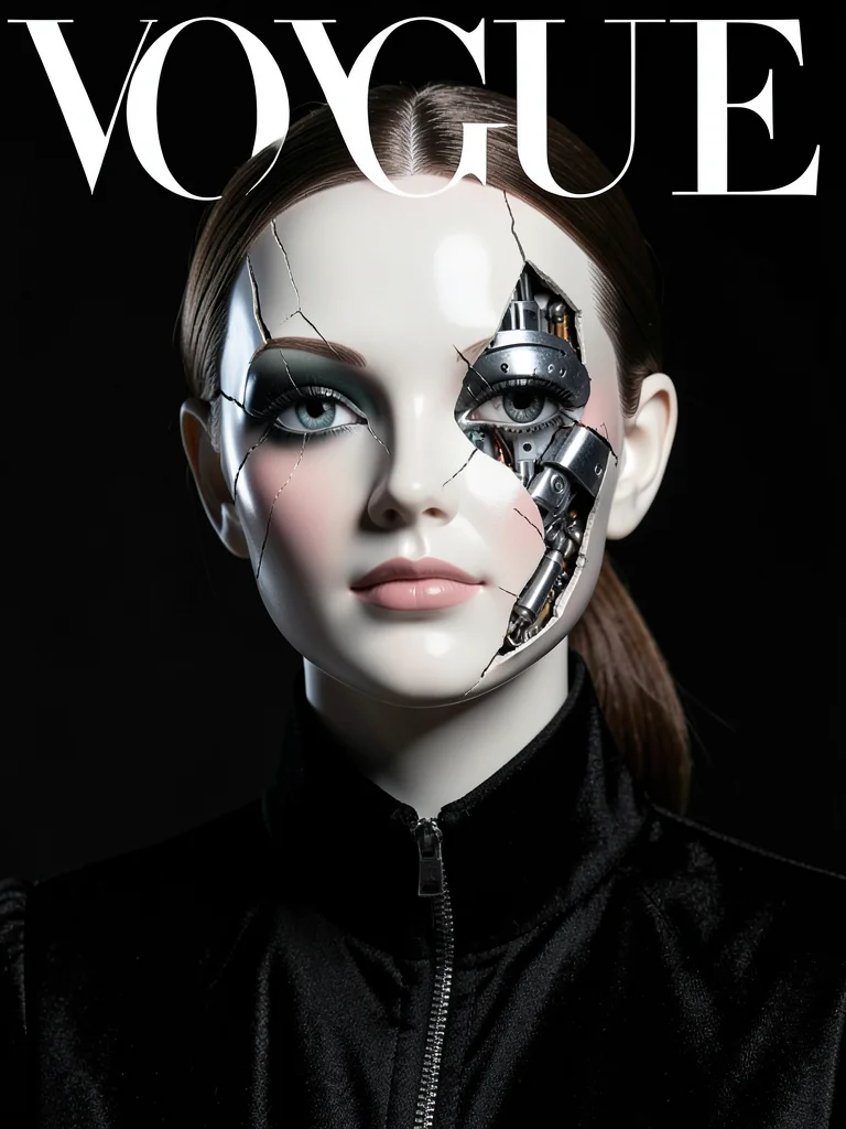 Porcelain doll face with cracks showing mechanical interior, uncanny valley