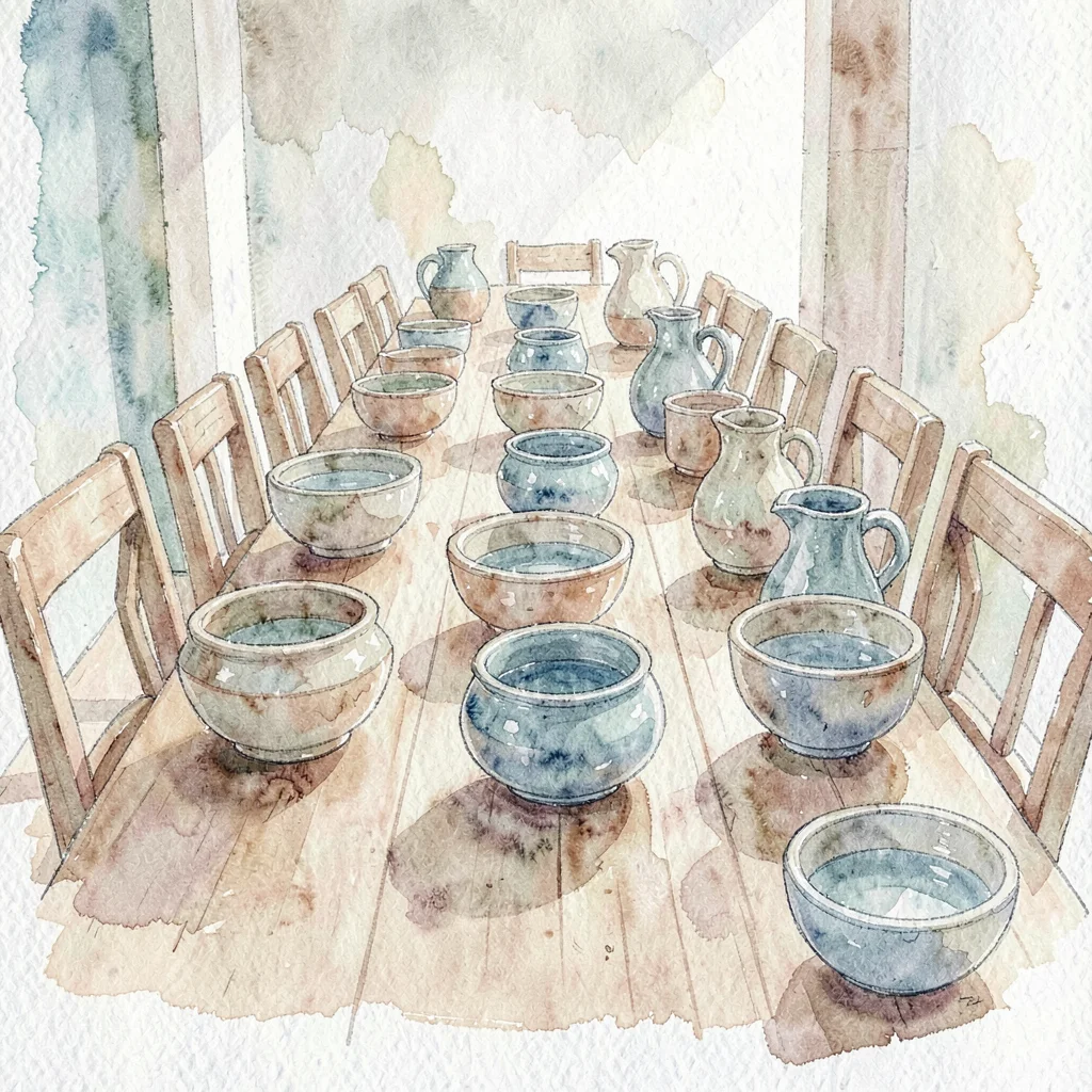 Watercolor of a long communal table set with stoneware bowls and pitchers of wat