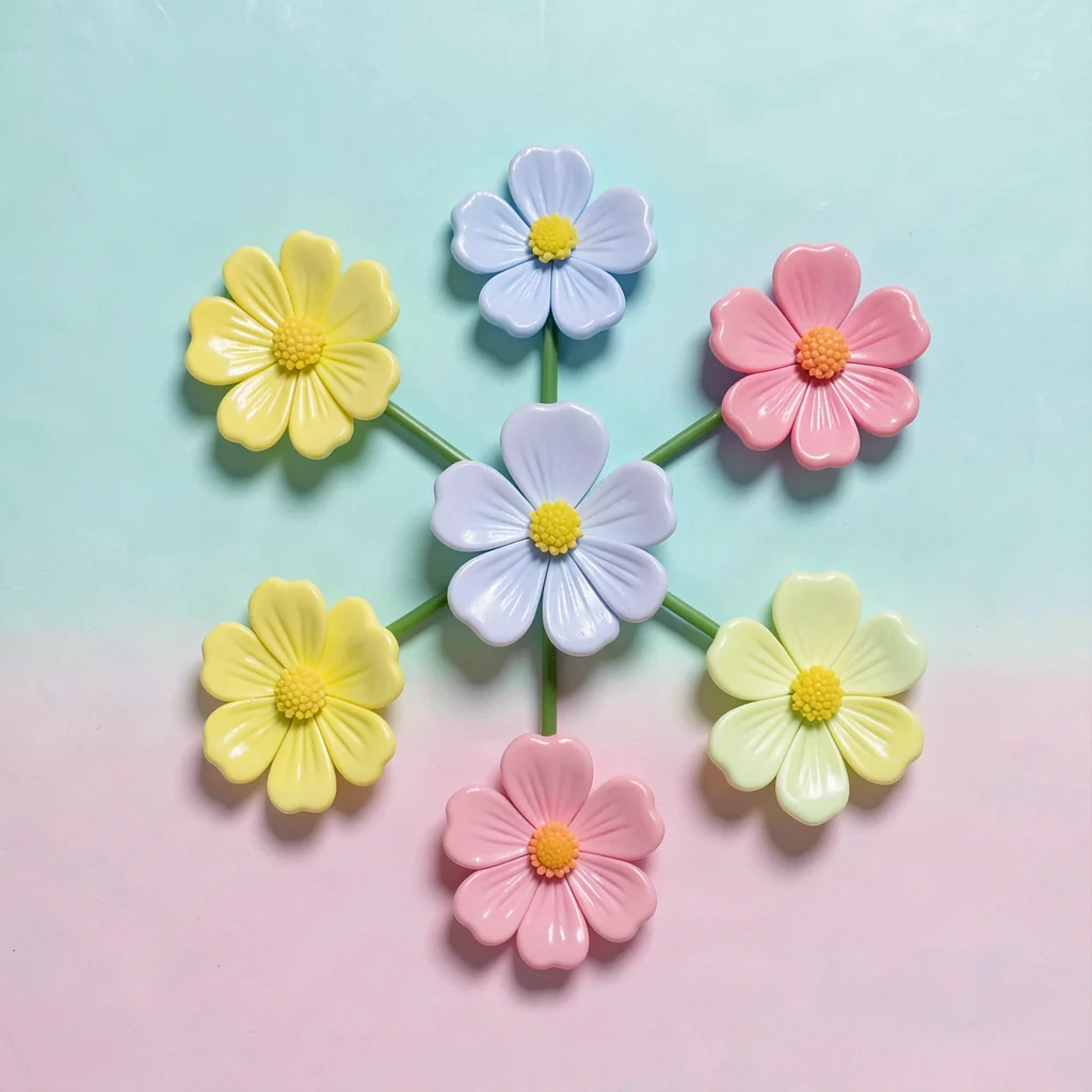 Five plastic flowers arranged in a perfect cross on an aqua-to-mint gradient, to