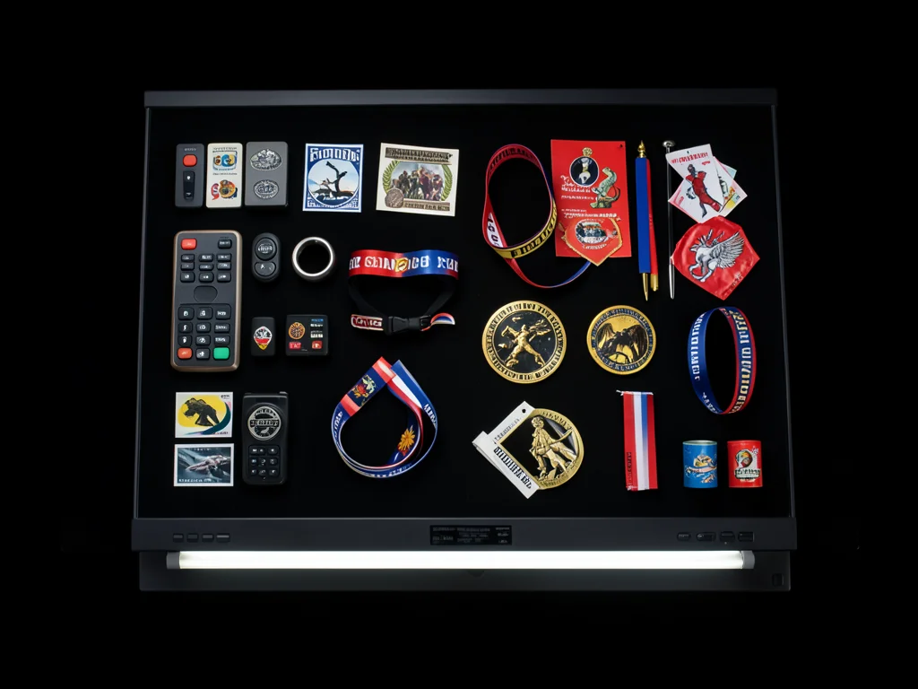 Scanner capture of pride memorabilia, buttons, stickers, wristbands, flags